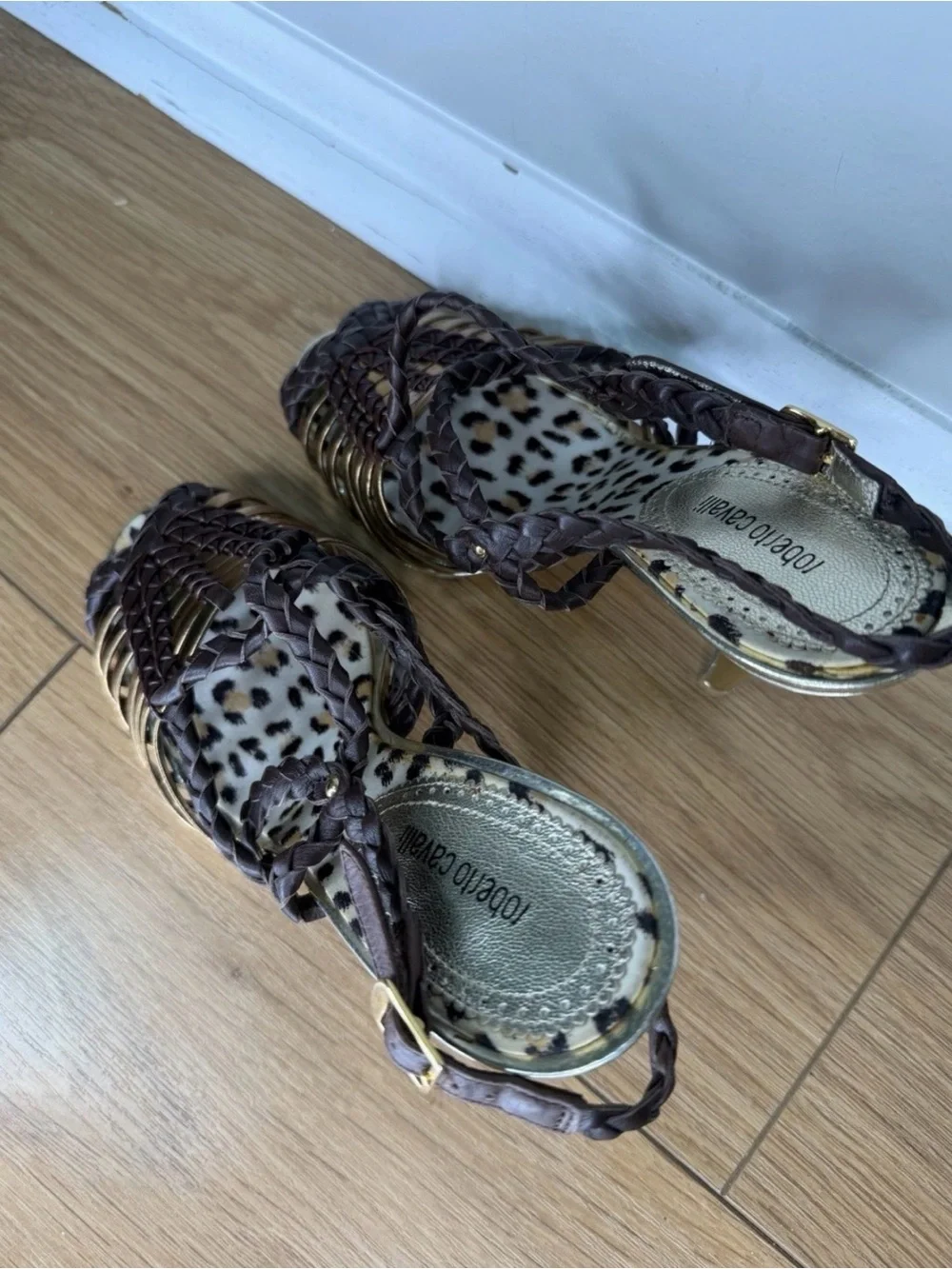 ROBERTO CAVALLI Braided Leather Brown & Gold Platform Shoes EU 37